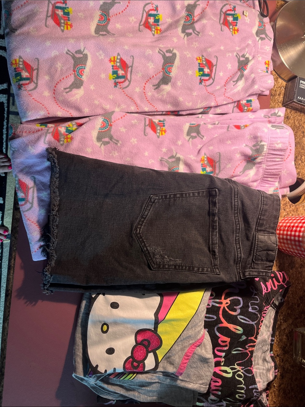 Black Denim Frayed Hem Skirt- 2 pr matching PJ bottoms 1 tank top 1 long sleeve